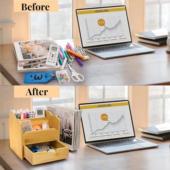Bamboo Desk Organizer, Multi Use Tabletop Storage Office Supplies with Drawer Pen Holder, 5 Compartments Heavy Duty Desk Accessories for Home Office Organization, No Assembly Required