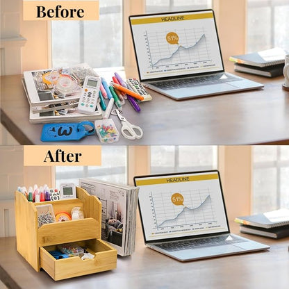 Bamboo Desk Organizer, Multi Use Tabletop Storage Office Supplies with Drawer Pen Holder, 5 Compartments Heavy Duty Desk Accessories for Home Office Organization, No Assembly Required