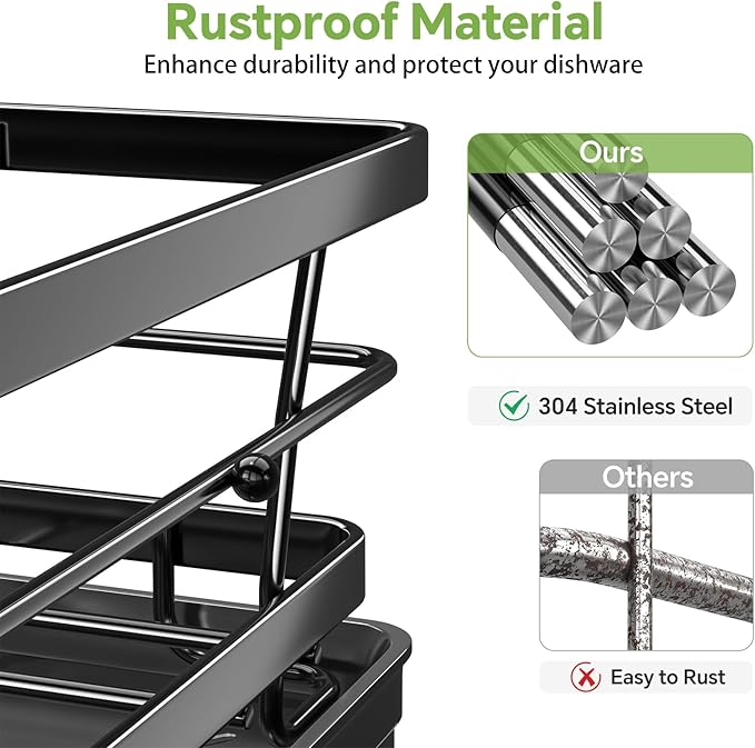 Ekisemio Dish Rack, Dish Drying Rack for Kitchen Counter, Dish Drainer with Cutlery Holder for Large Capacity, Kitchen Organizer for Dishes with Drip Tray, 12" D x 15.7" L, Black