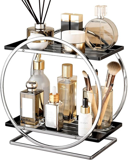 YIWANFW 2-Tier Bathroom Organizer Countertop, Silver Black Perfume Organizer for Dresser, Multi-Purpose Makeup Organizer, Large Cosmetic Skincare Organizers, Exquisite Vanity Storage, Ideal for Gift