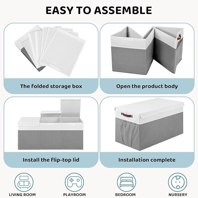 Extra Large Toy Chest, Foldable Storage Box, Large Storage Bins With Lids, Suitable for living rooms, studies, bedrooms(40"X18"X14",White & Grey)