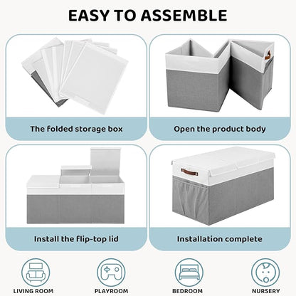 Extra Large Toy Chest, Foldable Storage Box, Large Storage Bins With Lids, Suitable for living rooms, studies, bedrooms(40"X18"X14",White & Grey)