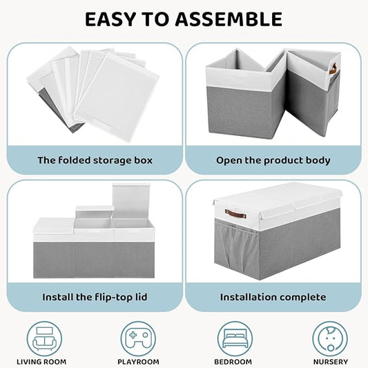 Extra Large Toy Chest, Foldable Storage Box, Large Storage Bins With Lids, Suitable for living rooms, studies, bedrooms(40"X18"X14",White & Grey)