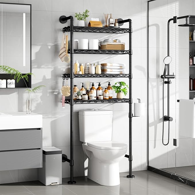 Roxibelt K3 Wall Mounted 4-Tier Over the Toilet Storage，Metal Above Toilet Storage with Paper Hook，Over Toilet Bathroom Organizer with Adjustable Shelf，Above Toilet Rack 9.7"D x 25.6"W x 74.3"H，Black