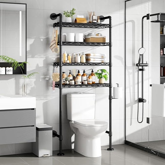 Roxibelt K3 Wall Mounted 4-Tier Over the Toilet Storage，Metal Above Toilet Storage with Paper Hook，Over Toilet Bathroom Organizer with Adjustable Shelf，Above Toilet Rack 9.7"D x 25.6"W x 74.3"H，Black