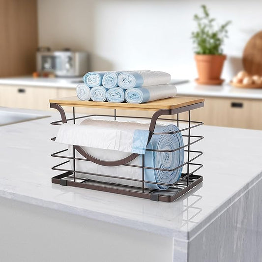 Extra Large Trash Bag Holder Under Sink Stackable Kitchen Storage with Lid, Garbage Bag Dispenser Roll Holder, Wall Mounted Trash Bag Container, Laundry Room Organization Storage, Brown