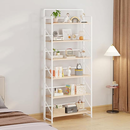 JSB Folding Bookshelf,Industrial Storage Shelves, No Assembly Vintage Wood Look Bookshelf with Storage Shelves for Living Room, Bedroom, Office (White, Wide 6-Tier)
