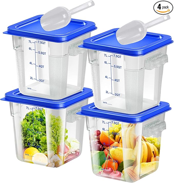 FeyBuosk 4 pcs 8qt Food Storage Containers with Lid, Square Clear Commercial Food Storage Containers with Handle and Scale for Food Storage in Home Kitchen & Dining (Blue)