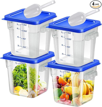 FeyBuosk 4 pcs 8qt Food Storage Containers with Lid, Square Clear Commercial Food Storage Containers with Handle and Scale for Food Storage in Home Kitchen & Dining (Blue)