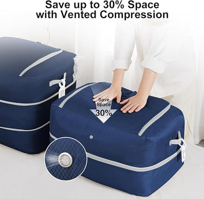 Easortm Comforter Storage Bag - 110L Large Capacity Blanket Storage Bags Ultra Space Saving Self Compression Organizer, Washable Compression Bags for Storage Comforter Blanket, 4-Pack, Navy Blue