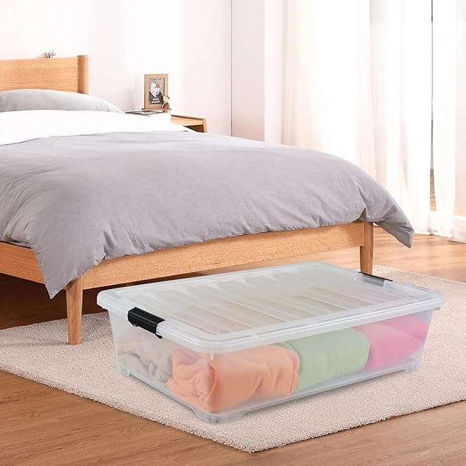 Yesdate 3-Pack 50 Quart Under the Bed Low Profile Storage Boxes, Large Under Bed Storage Bin with Easy Rolling Caster Wheels, Clear