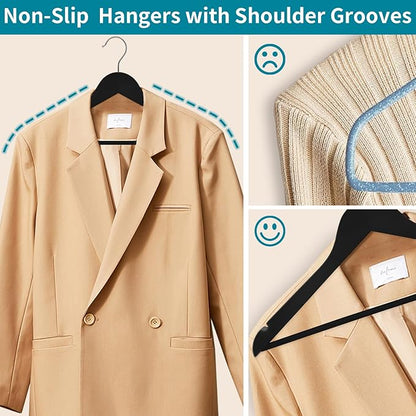 ABHENG 20 Pack Wooden Coat Hangers, 360° Swivel Hook, Suit Hangers with Anti-Slip Notches, Clothes Hangers for Jackets, Shirts, Dress, Black UAWY0520B