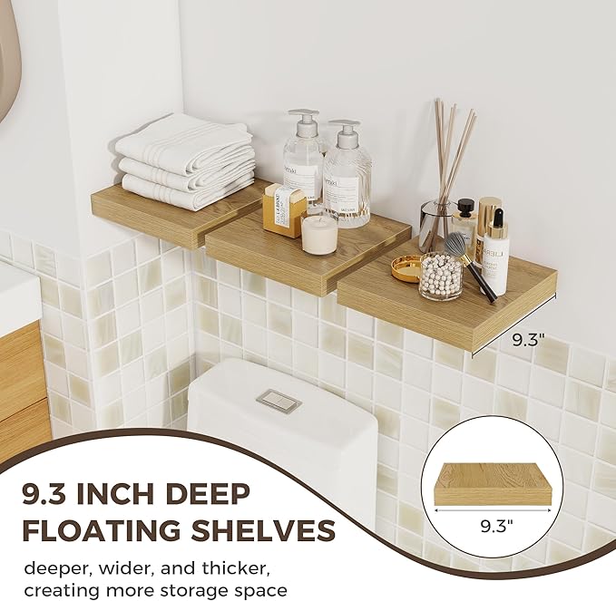 Fun Memories Square Floating Shelves for Wall, 9.3" W x 9.3" D x 1.4" H, Shelves for Wall with Invisible Brackets, Small Wood Storage Shelves for Kitchen, Living Room, Bedroom, Set of 3(Oak)