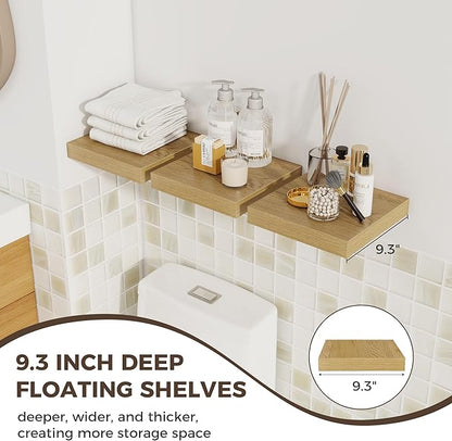 Fun Memories Square Floating Shelves for Wall, 9.3" W x 9.3" D x 1.4" H, Shelves for Wall with Invisible Brackets, Small Wood Storage Shelves for Kitchen, Living Room, Bedroom, Set of 3(Oak)