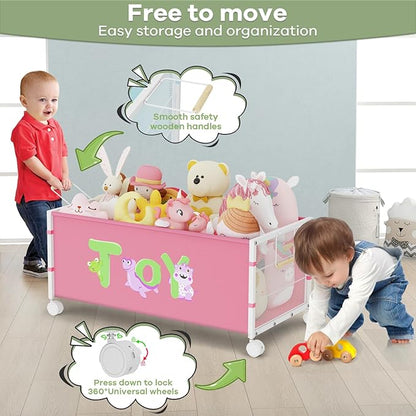 120L Kids Extra Large Toy Box with Wheels & Handle, 33.1” x 16.5” x 14.6” Big Toy Chest for Boys Girls, Toy Storage Organizer for Living Room Area, Playroom(Pink, 1PC)