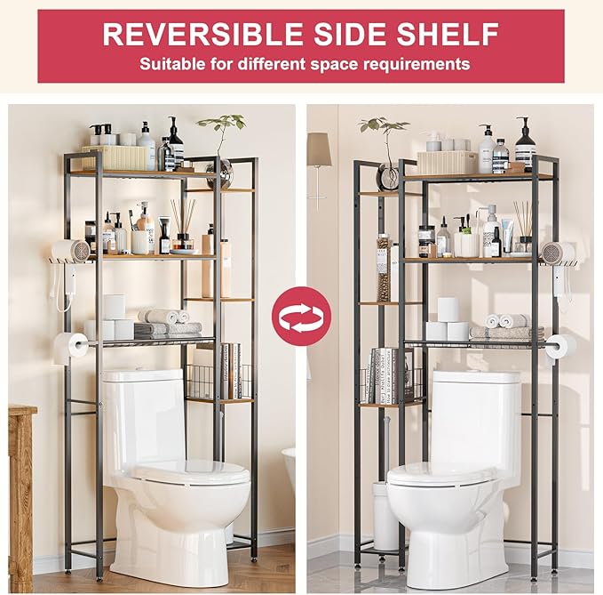 QOOIE Over The Toilet Storage with Wooden Shelves and Side Rack, 7-Tier Metal Over Toilet Bathroom Organizer Freestanding Storage Shelf for Toilet Paper, Towels, Toiletries, Ideal for Small Bathroom