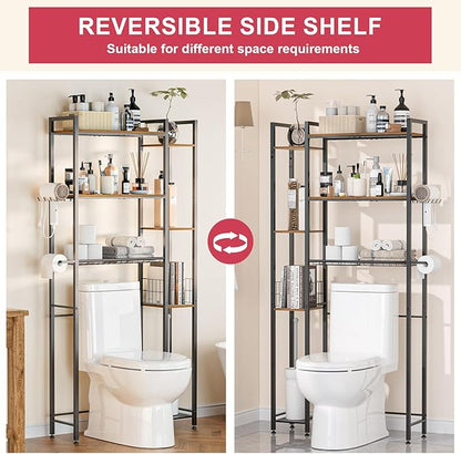 QOOIE Over The Toilet Storage with Wooden Shelves and Side Rack, 7-Tier Metal Over Toilet Bathroom Organizer Freestanding Storage Shelf for Toilet Paper, Towels, Toiletries, Ideal for Small Bathroom