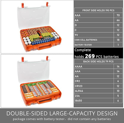 Battery Organizer Storage Holder Box Case with Tester- 269 Batteries Double-Sided Variety Pack, Holds AA AAA 4A C D Cell 9V 3V Lithium LR44 CR2 CR123 CR1632 18650 Button- Orange (Box Only)
