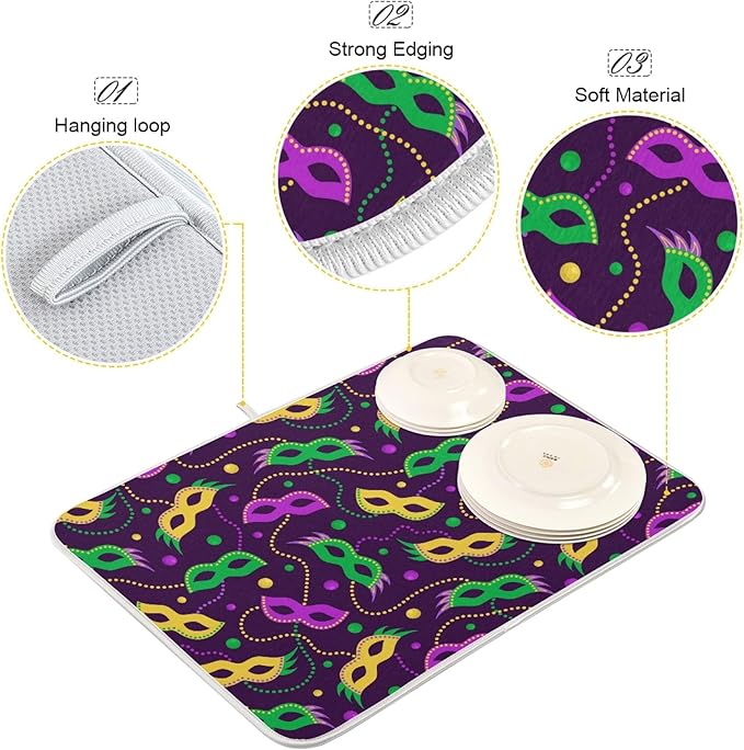 ZzWwR Colors Mardi Gras Carnival Absorbent Dish Drying Mat, 16 x 18 Inches Microfiber Kitchen Countertop Table Protector Multi-purpose Counter Rack Sink Drainer Pad