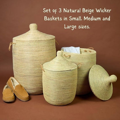 Tall Large Decorative Wicker Storage Basket with Lid, Laundry Hamper, Blanket Storage, Toys Bin, Clothes Holder, Boho Style (Beige)