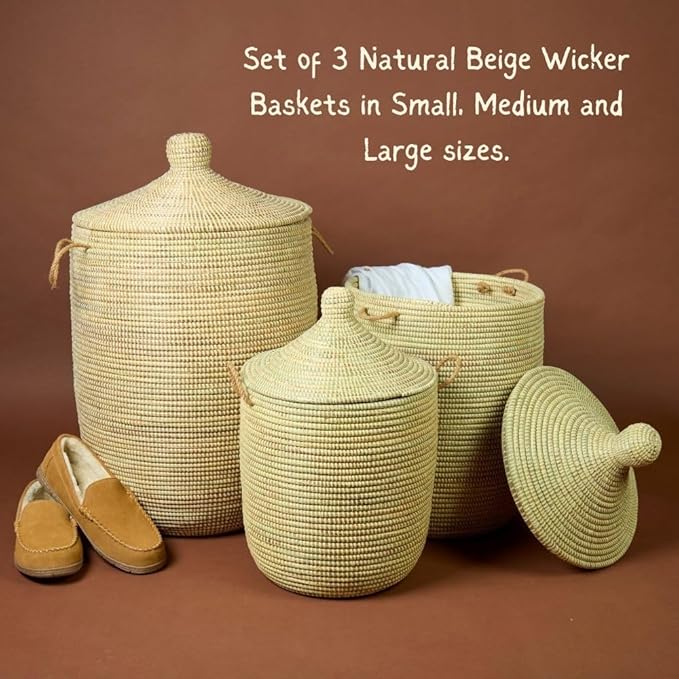 Natural Beige Laundry Basket with Hooded Lid, Bedroom Hamper, Nursery Toys Bin, Living Room Blankets Storage, Decorative, Wicker, Sturdy, Round, Handles, African, Hand Woven, Made in Senegal (Large)