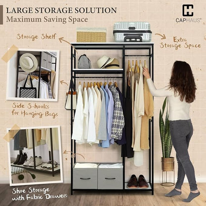 CAPHAUS 550lbs Capacity Garment Rack for Hanging Clothes, Heavy Duty Metal Open Wardrobe w/Hanging Rods & Drawers, Free Standing Closet Organizer, Metal Closet w/Wooden Boards, Black Vintage Board