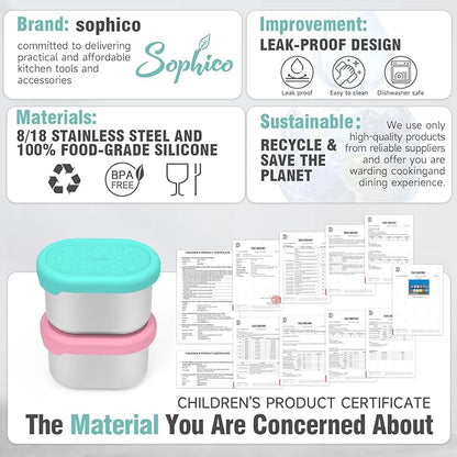 SOPHICO Stainless Steel Salad Dressing Condiment Containers with Leakproof Silicone Lids, 3 oz Mini Sauce Container and Portion Bento Box of Kids Lunch to Go for Snack, Dessert (MIX, 4 PACK)