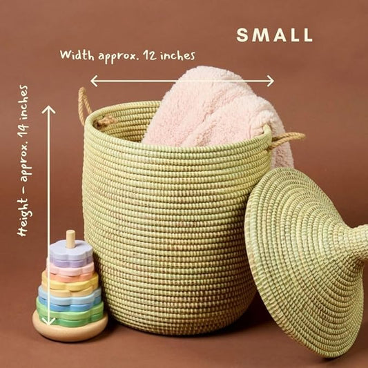 Small Storage Basket, Organizing, Storage, Wicker, Woven, With Lid, Handles, 12" Wide, 14" Tall (Beige)