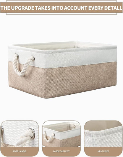 8 Pack Storage Basket Bins - Decorative Baskets Bulk Storage Box Cubes Containers with Handles for Clothes Storage Bathroom, Garage, Books, Home, Office, 13.7L x 9.8W x 6.7H (White&beige)