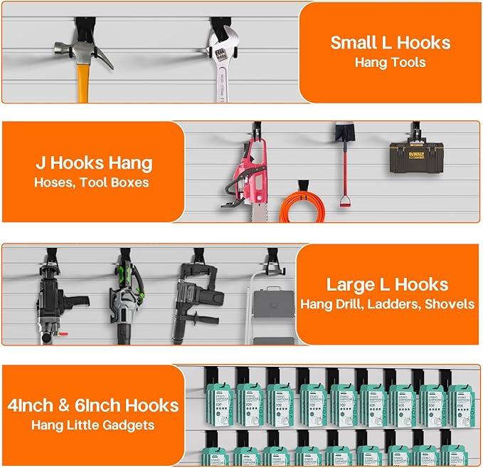 ENUODA Slatwall Hooks Slatwall Accessories, Garage Hooks Heavy Duty Slat Wall Hanging Hook for Ladder, Shovel, Toolbox, Garden Tools, Extension Cord, Sport Equipments, Garage Organization, 18 Pack
