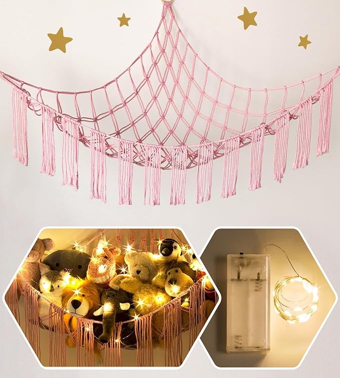 Stuffed Animal Storage Hammock Corner X-Large with LED Light - Baby Hammock Hanging Holder Plushies Net for Stuff Animals Organizer - Cute Room Decor Aesthetic Kids Toddler Nursery Bedroom