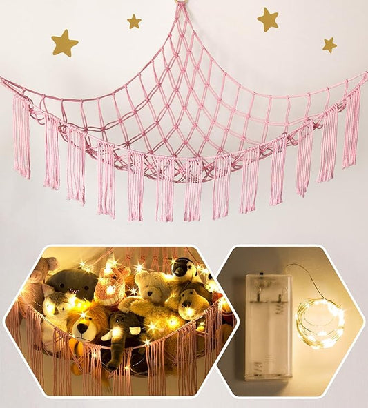 Stuffed Animal Storage Hammock Corner X-Large with LED Light - Baby Hammock Hanging Holder Plushies Net for Stuff Animals Organizer - Cute Room Decor Aesthetic Kids Toddler Nursery Bedroom