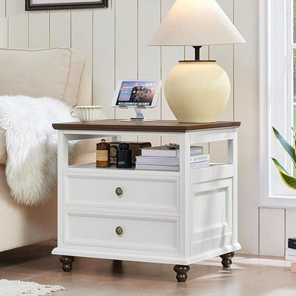 Joaxswe 24" Wide Farmhouse Night Stand,Large End Table with 2 Drawers & Metal Handle,Wood Dresser for Bedroom, White Bed Side Table Chest of Drawers Cabinet,Nightstand for Living Room,Closet