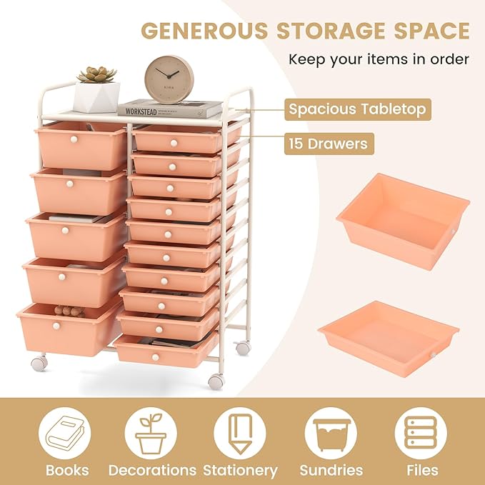 ARLIME 15-Drawer Storage Cart, 15 Drawer Trolley, Rolling Organizer Cart, Scrapbook Paper Organizer, Suitable for Office and School, Rolling Office Storage Tools (Peach)