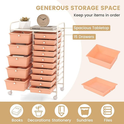 ARLIME 15-Drawer Storage Cart, 15 Drawer Trolley, Rolling Organizer Cart, Scrapbook Paper Organizer, Suitable for Office and School, Rolling Office Storage Tools (Peach)