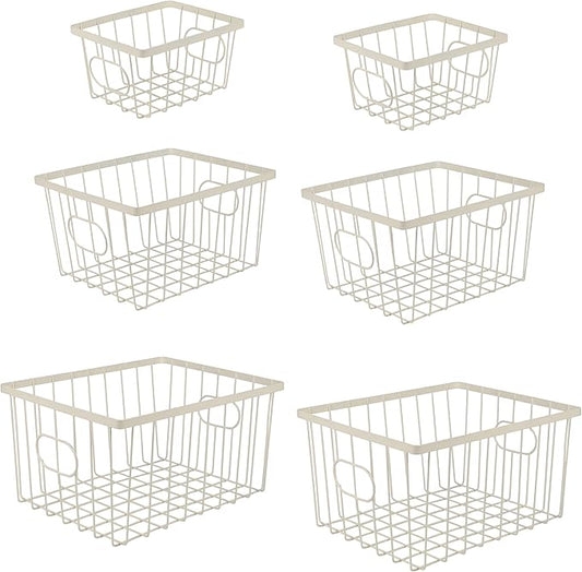 happimess BSK3001C-6SET Camden Vintage Industrial Wire Metal Nesting Storage Baskets for Shelves, Cabinets, Pantry, Countertop, Mesh Open Bin Basket for Organizing Supplies, Almond (Set of 6)