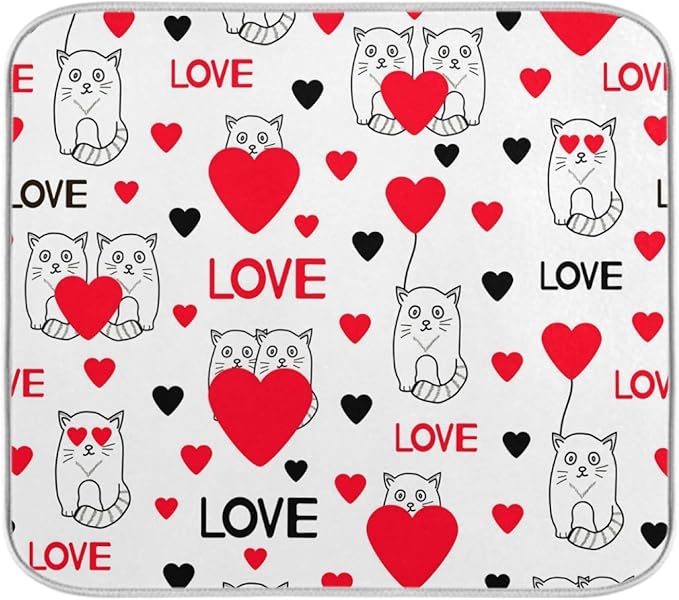 ZzWwR Cute Cats With Hearts Love Valentine's Day Absorbent Dish Drying Mat Microfiber Kitchen Countertop Table Protector Multi-Purpose Counter Rack Sink Drainer Pad (16 x 18 Inches)