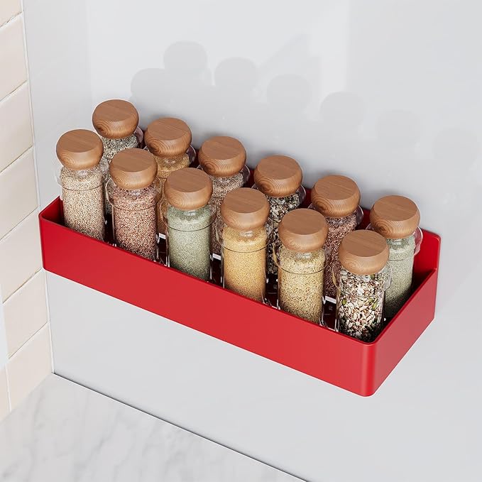 Magnetic Spice Rack for Refrigerator, Kitchen Organizer and Storage Shelf, Red (4 Pack)…