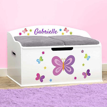 DIBSIES Personalized Creative Wonders Toy Box, Butterflies & Flowers, 30 x 19.25 x 18 inches, Soft-Close Lid (White)