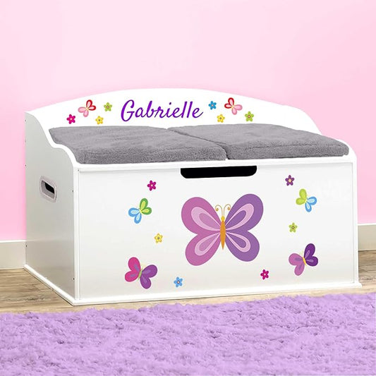DIBSIES Personalized Creative Wonders Toy Box, Butterflies & Flowers, 30 x 19.25 x 18 inches, Soft-Close Lid (White)