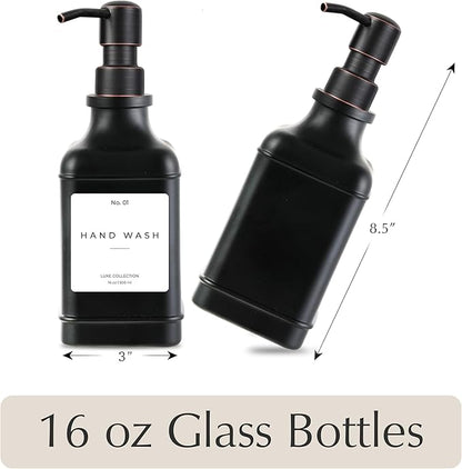 Emerson Essentials Soap Dispenser, Dish Soap Dispenser, Soap Bottle Farmhouse - Hand Soap Dispenser, Kitchen Soap Dispenser Set - Glass Soap Dispenser with Pump and Labels, 16 Oz, 2 Pack