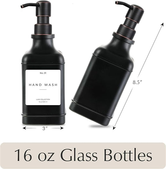 Emerson Essentials Soap Dispenser, Dish Soap Dispenser, Soap Bottle Farmhouse - Hand Soap Dispenser, Kitchen Soap Dispenser Set - Glass Soap Dispenser with Pump and Labels, 16 Oz, 2 Pack