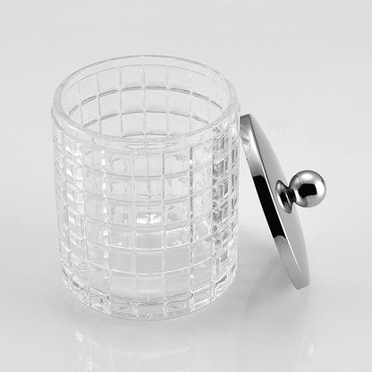Indecor Home Glass Cotton Jar Holder Silver Lid, Elegant Bathroom Storage Canister for Qtips, Cotton Balls, Floss, Makeup Organizer, Vanity Bathroom Organization