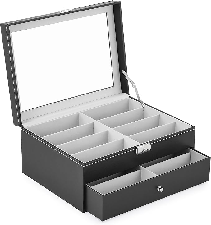 CO-Z Sunglasses Organizer, Leather Eyeglasses Storage Box for Women Men, Lockable Sunglass Display Case Holder with Drawer