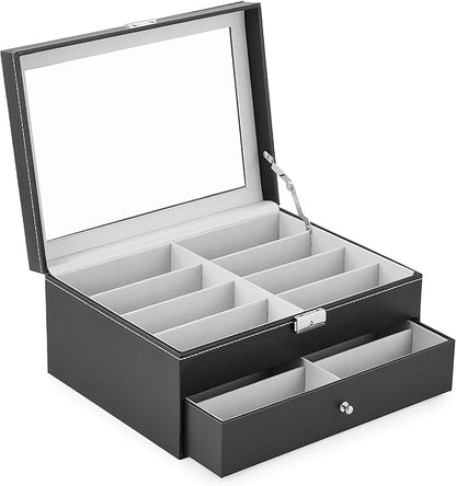 CO-Z Sunglasses Organizer, Leather Eyeglasses Storage Box for Women Men, Lockable Sunglass Display Case Holder with Drawer