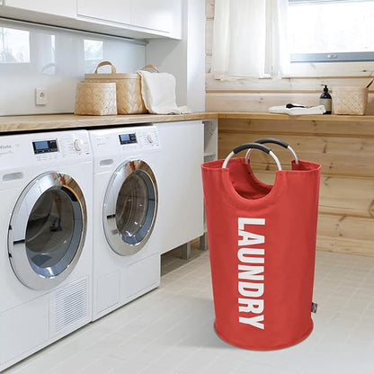 DOKEHOM 90L Large Laundry Basket, Collapsible Laundry Bag, Freestanding Tall Clothes Hamper, Foldable Washing Bin (Red)