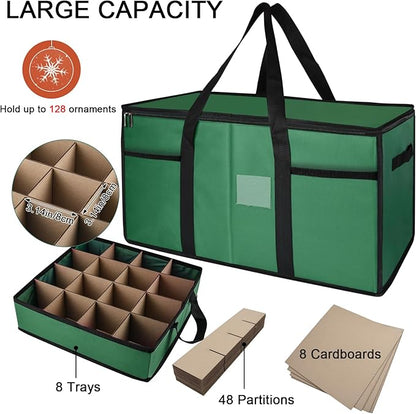 Christmas Ornament Storage Box with Dividers, Christmas Balls Storage Containers with Zipper & 8 Removable Trays, Holds Up to 128 Balls - 600D Oxford Christmas Decoration Storage Organizer (Green)