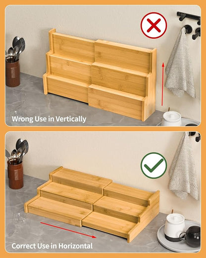 Spice Rack, 3-Tier Expandable Bamboo Spice Rack Organizer for Cabinet - Kitchen, Pantry and Cupboard Storage Organizer