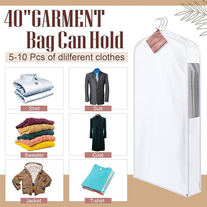 2 Set 40in Short Cotton Garment Bags, 6in Wide Gusset Hanging Storage Clothes with 8 Cedar Blocks, Transparent Mesh Window, Breathable Closet Bags for Fur Coat Suit Sweater Dress, White