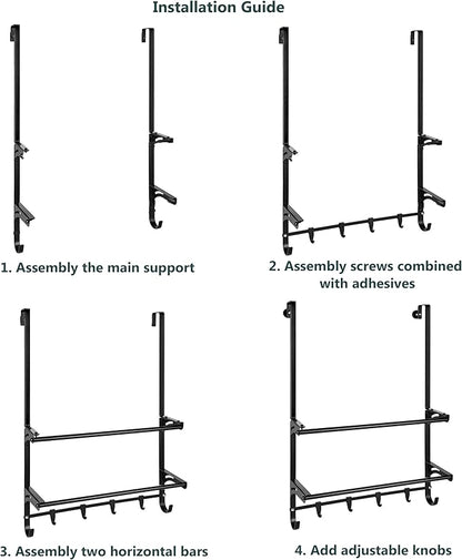 Over The Door Towel Rack, 2-Tier Bathroom Towel Rack with 6 Hooks for Door Hanging, Behind Door Towel Bar Towel Storage Holder for Small Bathroom, 16.1" L x 5.1" Wx 24.2" H